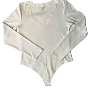 AMERICAN EAGLE Bodysuit Ribbed Lace VNeck Long Sleeve Cream XL 90s Retro Trendy